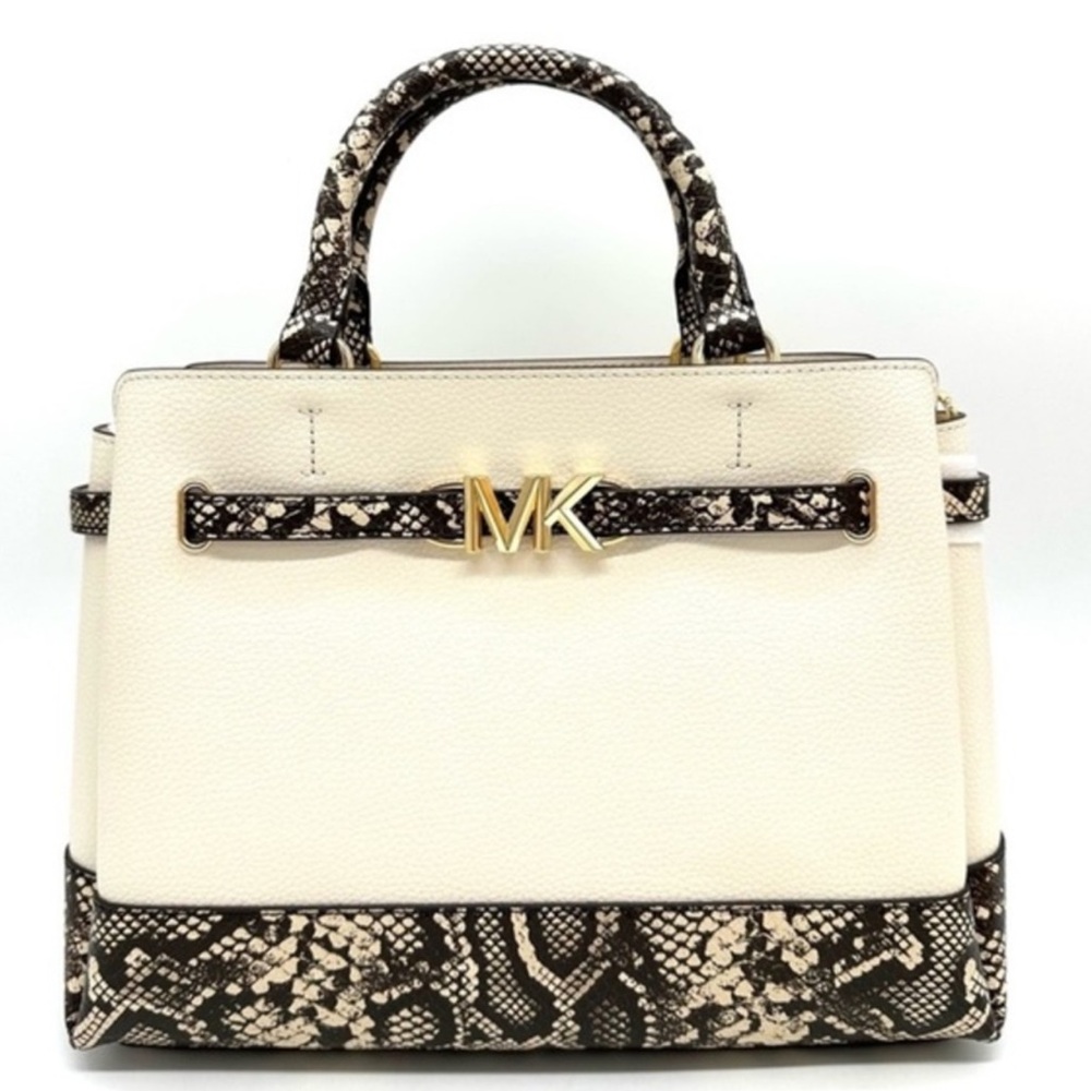 Michael Kors Large Reed Leather Belted Satchel Crossbody Bag Cream Snakeskin
